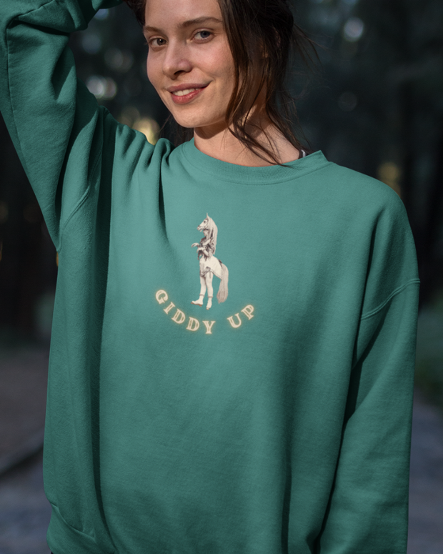 The Merchants of Joy faded crew neck sweatshirt pullover sweater Giddy Up Kramer Burlesque Dancer vintage Victorian