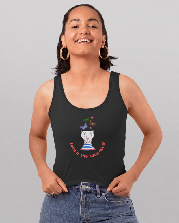 The Merchants of Joy Love'n the Woo Woo Tank Top Singlet White Womens meditation vibration frequency law of attraction buterflies